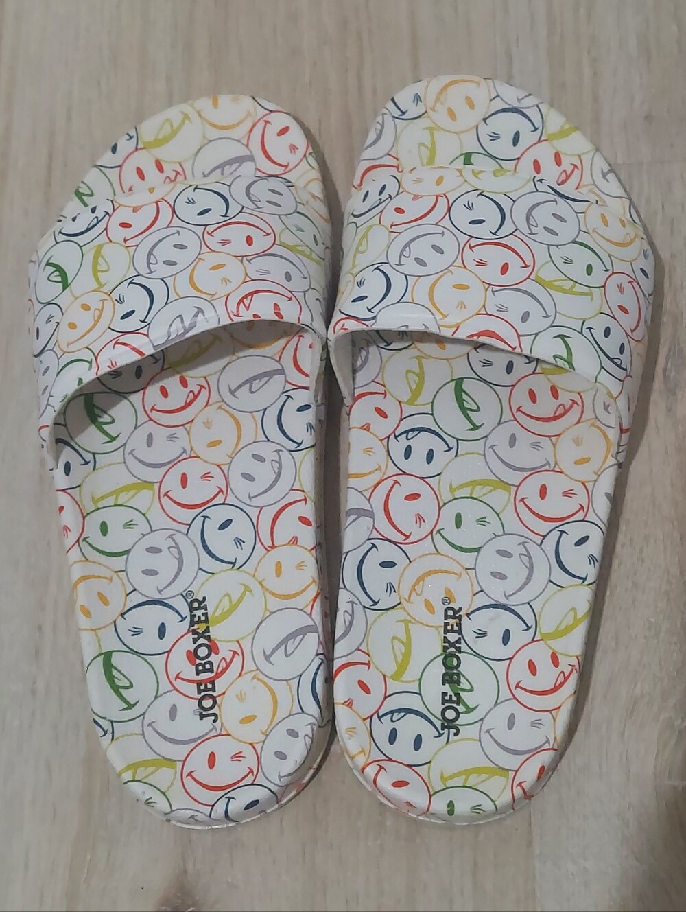 Joe Boxer White Slide Sandals with Multicolor Smiley Faces